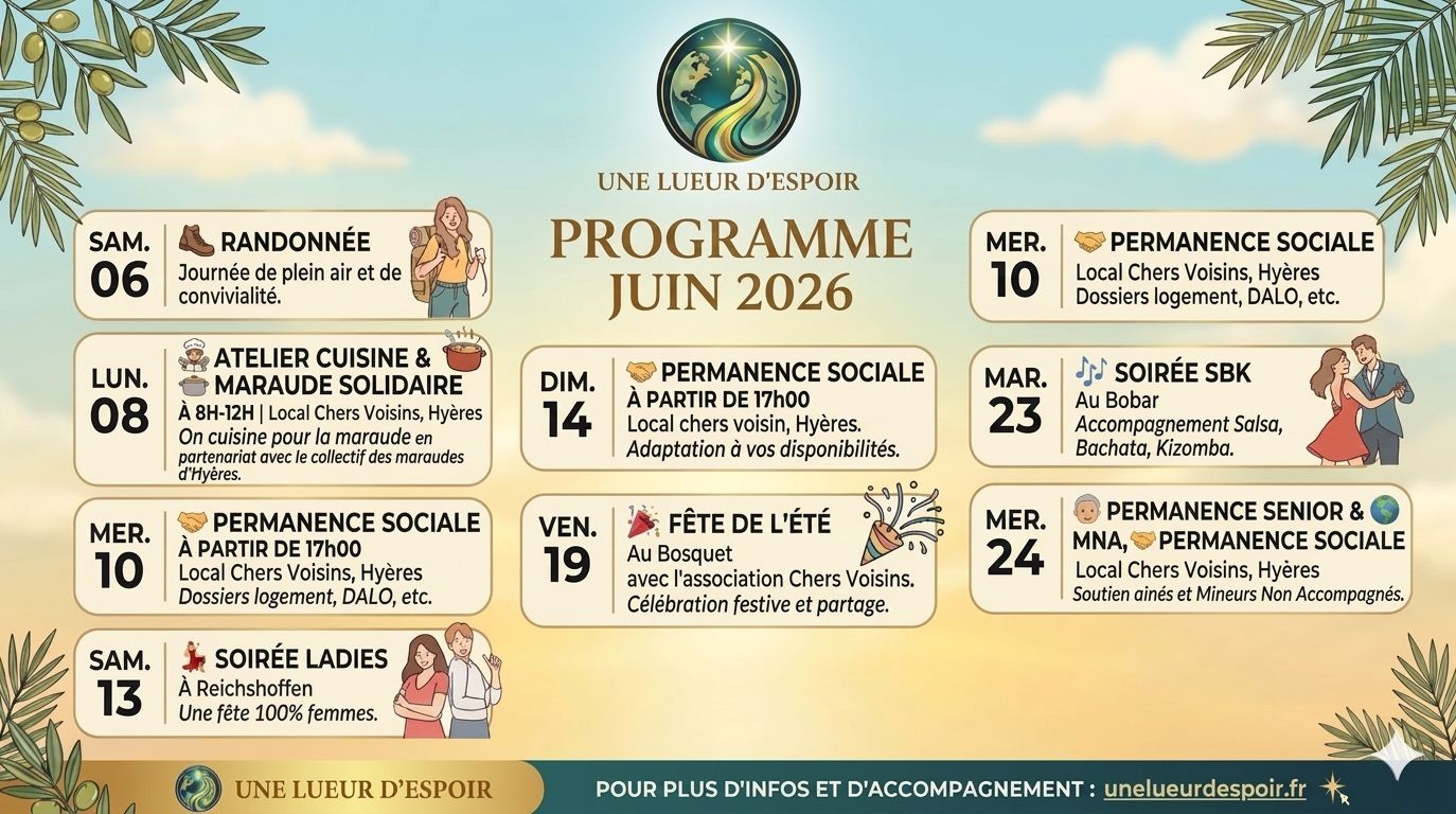 Programme des actions et rendez-vous de l'association Une Lueur d'Espoir pour juin 2026